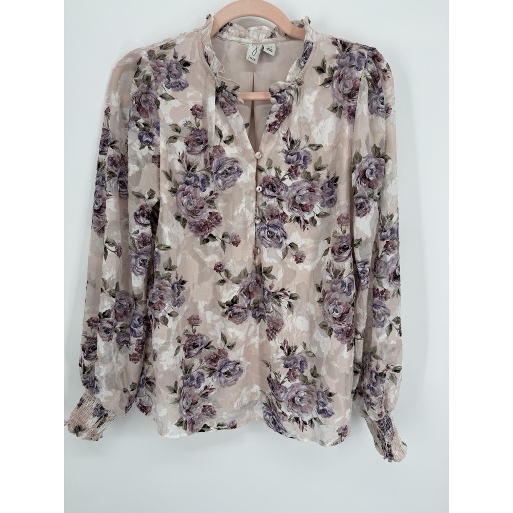 Joie Silk Floral Blouse Sheer Purple Rose Ruffle Top Smocked Long Sleeve L